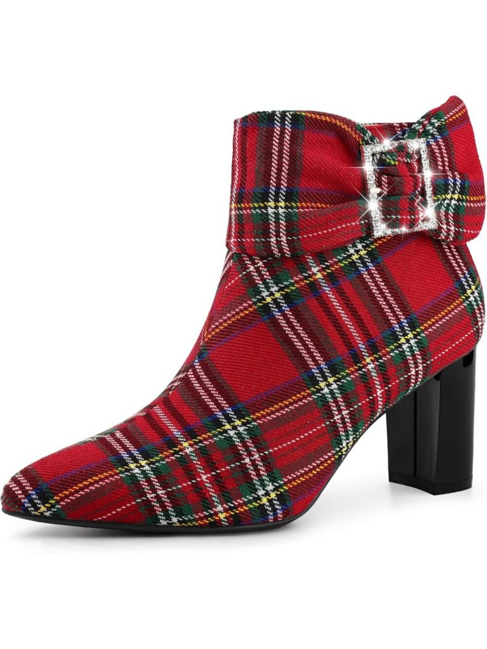 Women's Red Pointy Toe Rhinestone Bow Zipper Chunky Heels Casual Ankle Boots